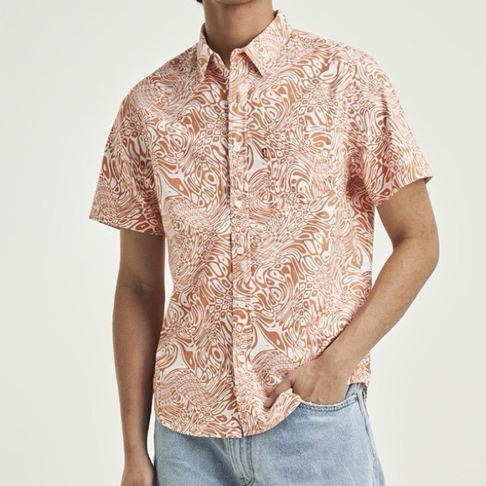 Levi's Orange and White Casual Button Down Shirt camp shirt Large 100% cotton‎